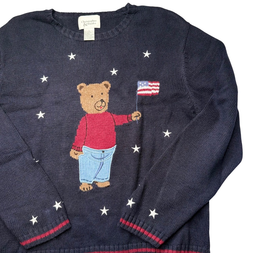 Vintage Teddy Bear Sweater Cottagecore Navy Blue Patriotic Knit Americana Granny